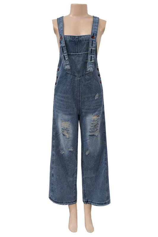 Distressed Washed Denim Overalls