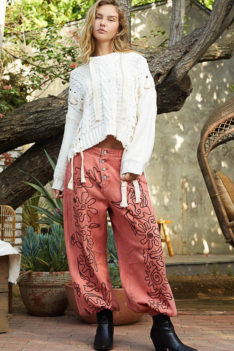 Floral Embroidered Twill Pants