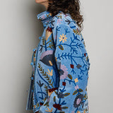 Embroidered Stand Collar & Contrast Trim Velvet Jacket
