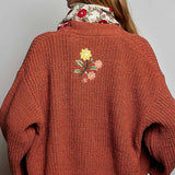Multicolor Floral Embroidery PEACE Letter Knit Cardigan
