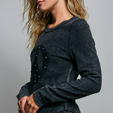 Vintage Washing Solid Peace Stud Outseam Thermal Knit Top