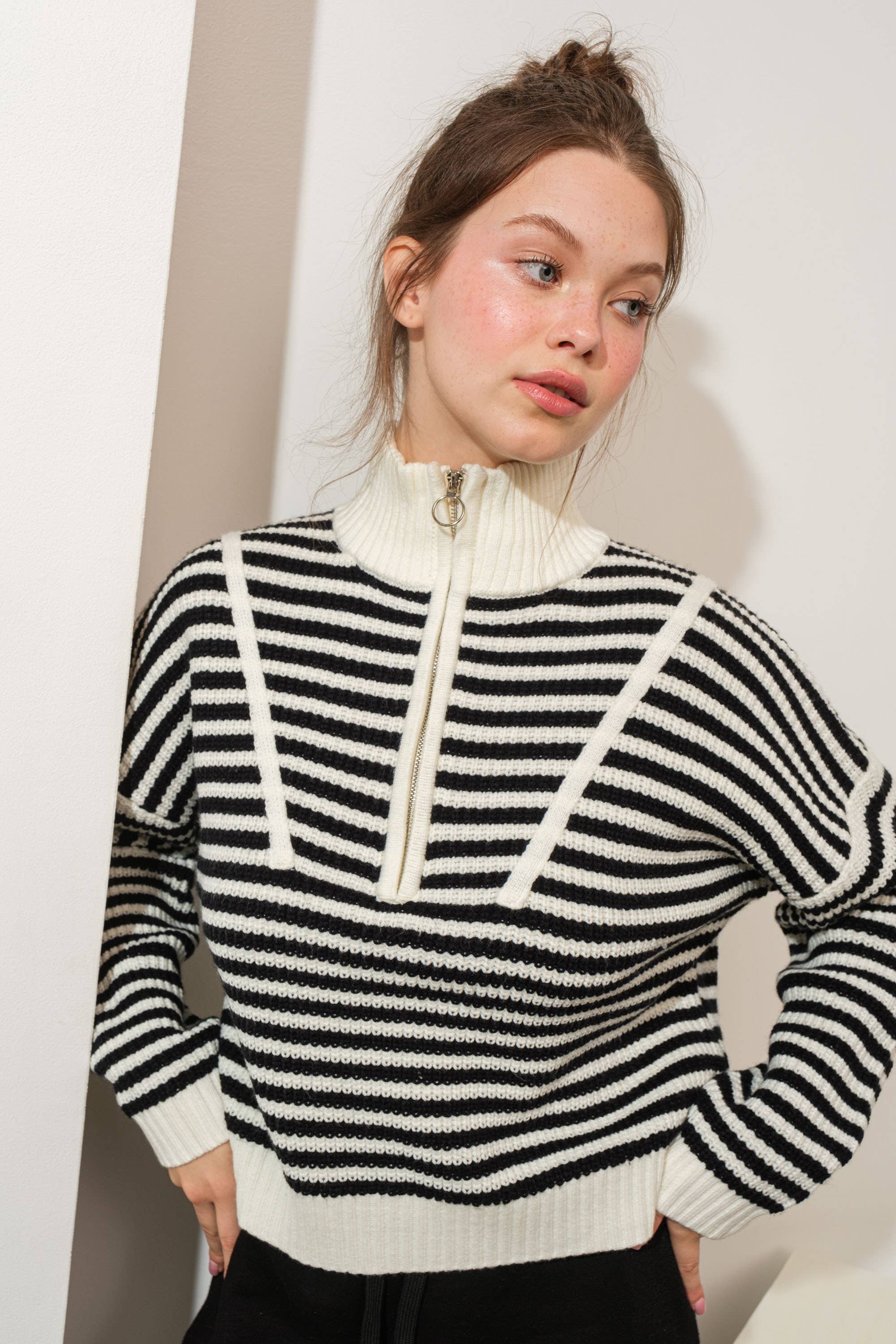 Half-Zip Striped Cropped Sweater