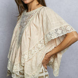 Lace Trim V Ruffle Detail Textured Woven Short Sleeve Top