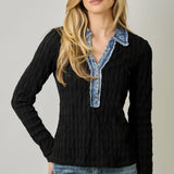 61698 Denim Mix Textured Knit Henley Top